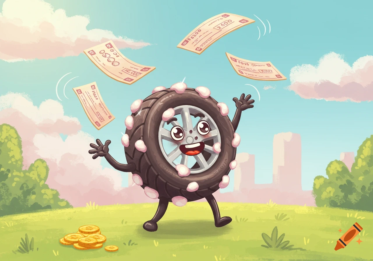 A cartoon tire mascot with marshmallow-like lumps, arms, and legs, happily stands in a grassy park with coins at its feet while bank checks float around it in the sky.