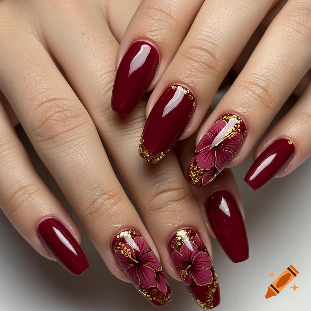 Hands with wine-red almond-shaped nails, some featuring gold glitter tips, others with detailed red hibiscus flowers and gold accents.