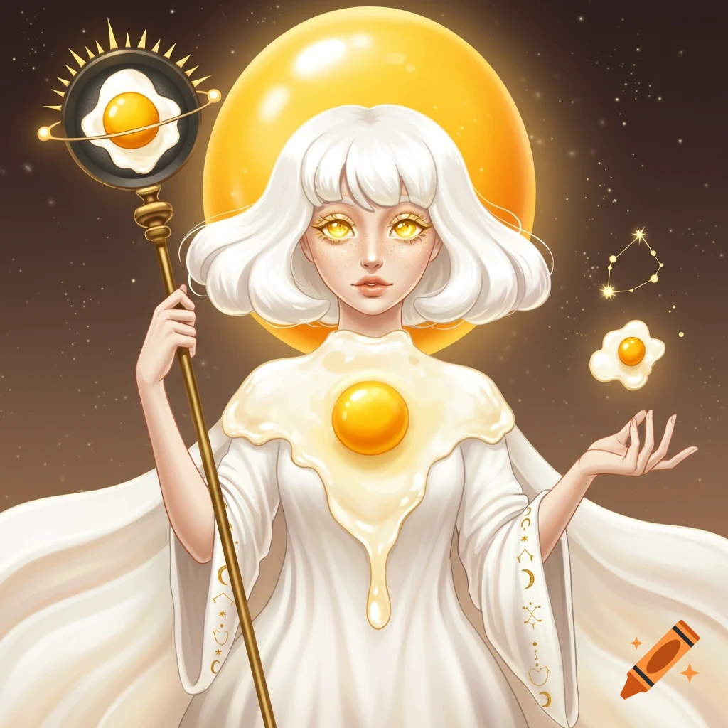 A fantasy illustration of an egg-themed woman with white hair, golden eyes, a white robe, holding a staff with a fried egg.