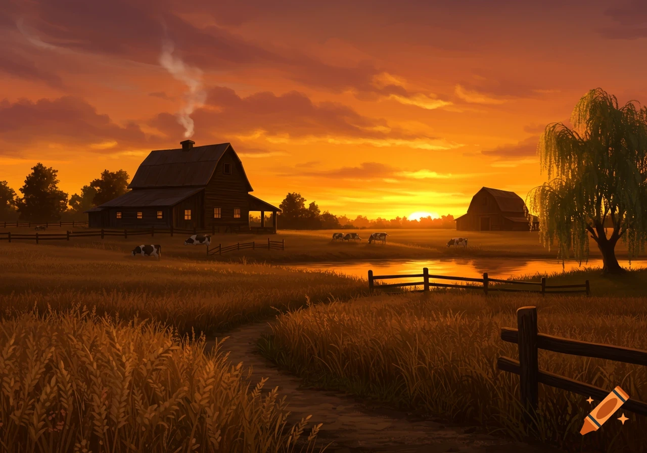 A rustic farm at sunset with a barn, farmhouse, grazing cows, a pond, and a path under a vibrant orange sky.