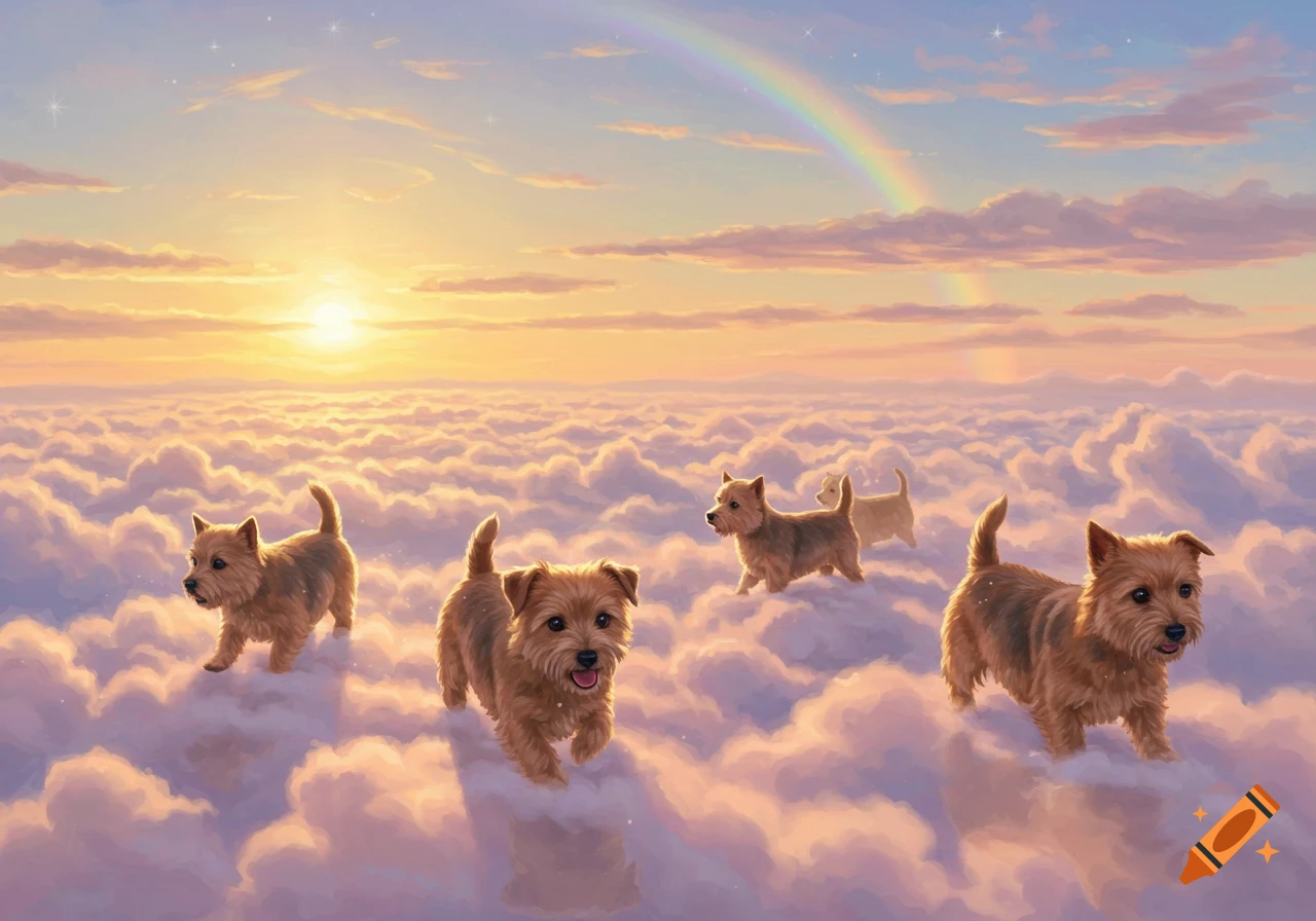 Multiple fluffy brown Norfolk terriers walk on fluffy white clouds under a vibrant sunset sky with a rainbow.