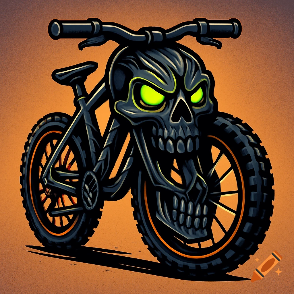 A cartoon animated mountain bike with a skull-shaped front frame and glowing green eyes, set against an orange background.