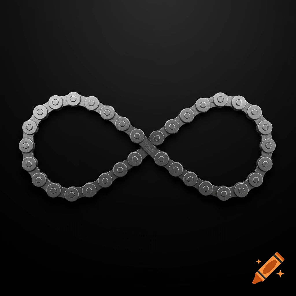 A metallic bicycle chain forms an infinity symbol against a solid black background.