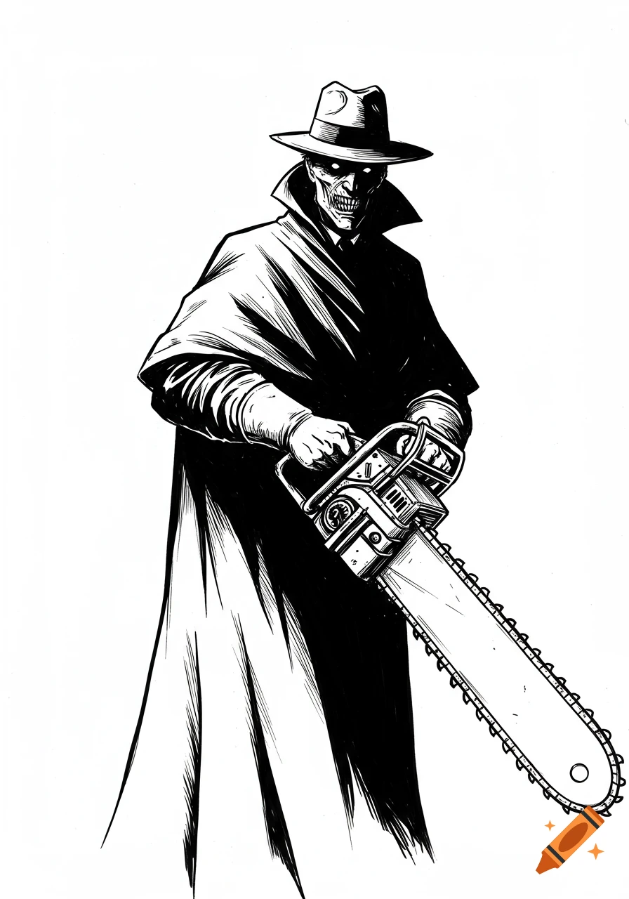 A black and white pen sketch of a menacing, cloaked figure in a fedora, holding a chainsaw.
