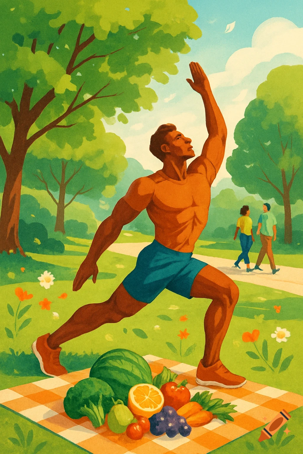 Illustrated man stretching in a park with trees, background figures, and a picnic blanket filled with healthy fruits and vegetables.