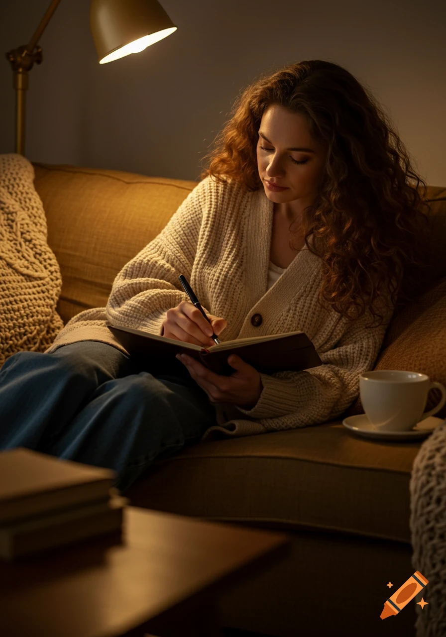A woman with long curly hair sits on a couch, writing in a journal under a warm lamp light.