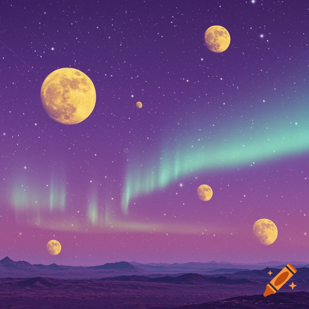 A vibrant purple and teal alien night sky filled with many yellow moons, shimmering aurora, and a dark, rugged landscape.