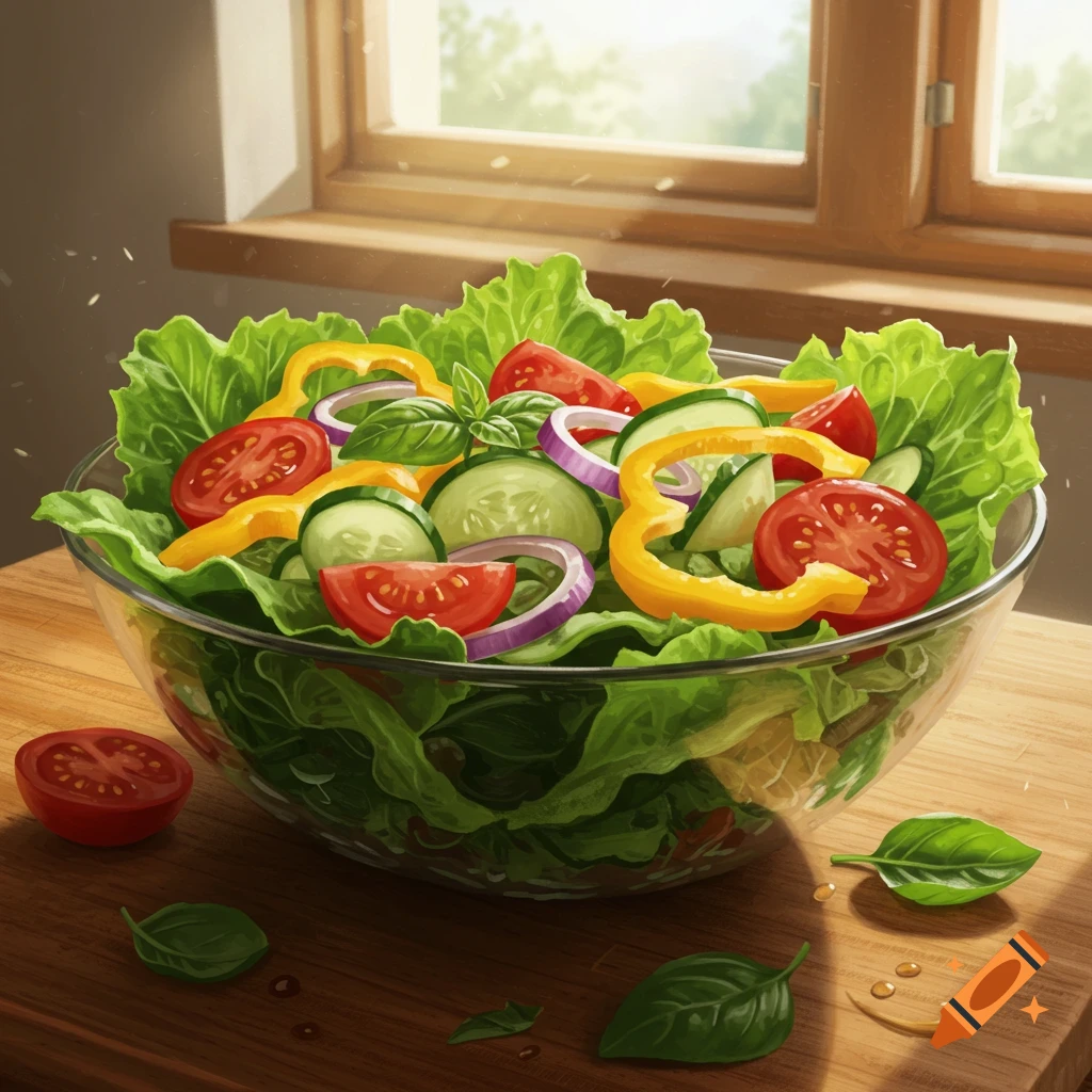 Fresh salad in a glass bowl on a wooden table by a sunny window.