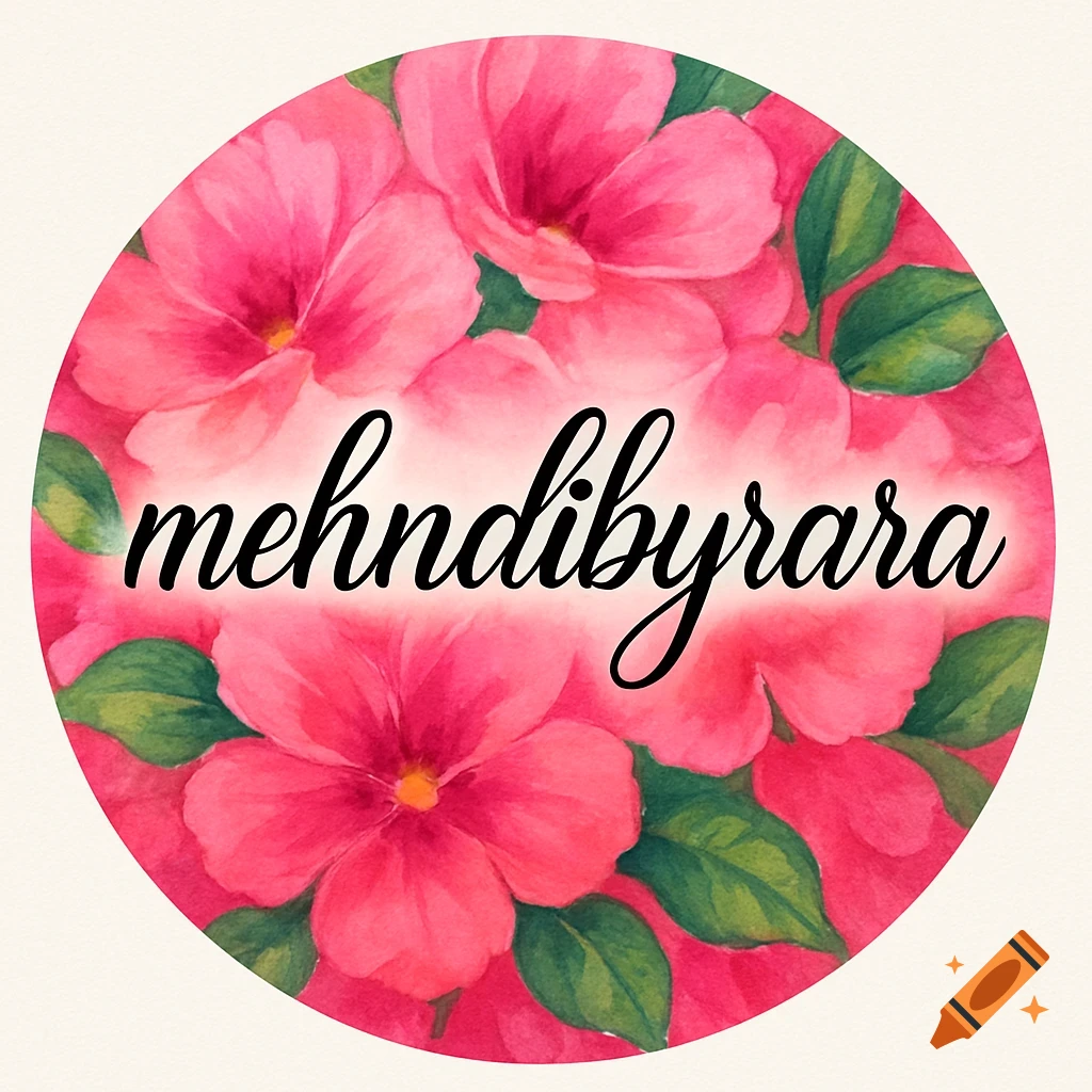 A circular logo with pink watercolor flowers and green leaves, featuring the black cursive text 'mehndibyrara'.