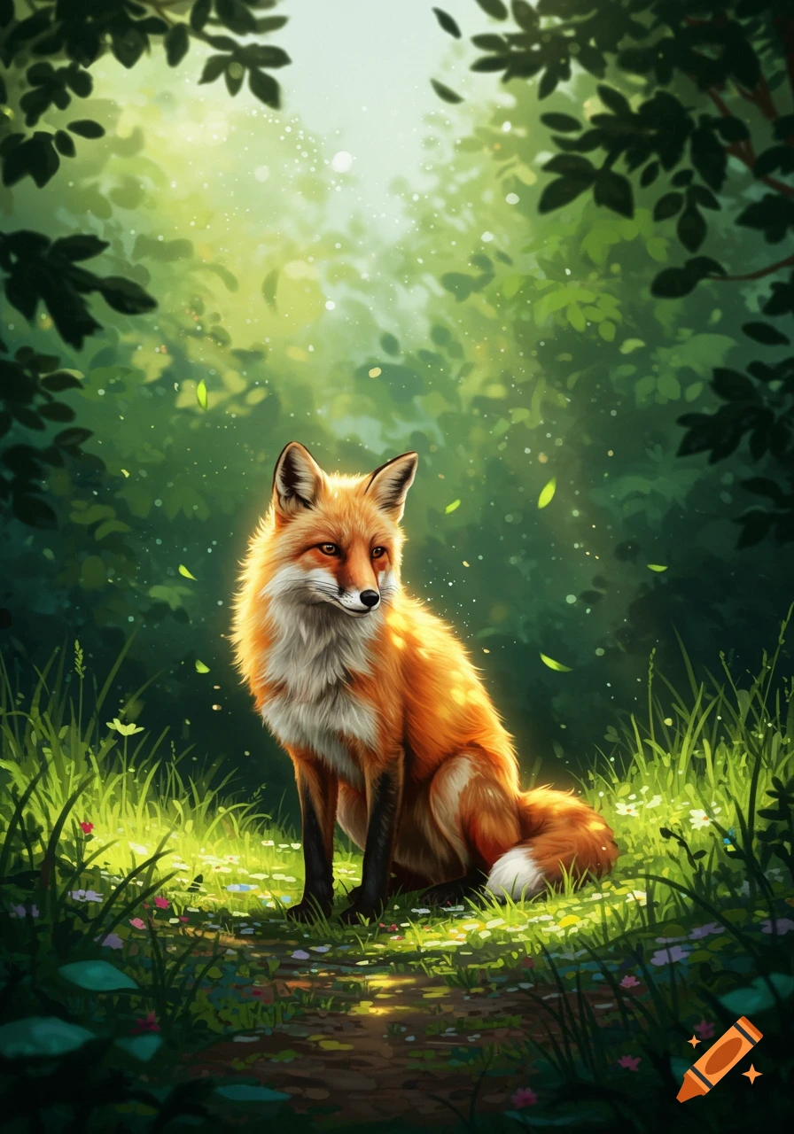 A vibrant orange fox sits in a sun-dappled green forest, surrounded by leaves and tiny flowers. The lighting is ethereal and bright.