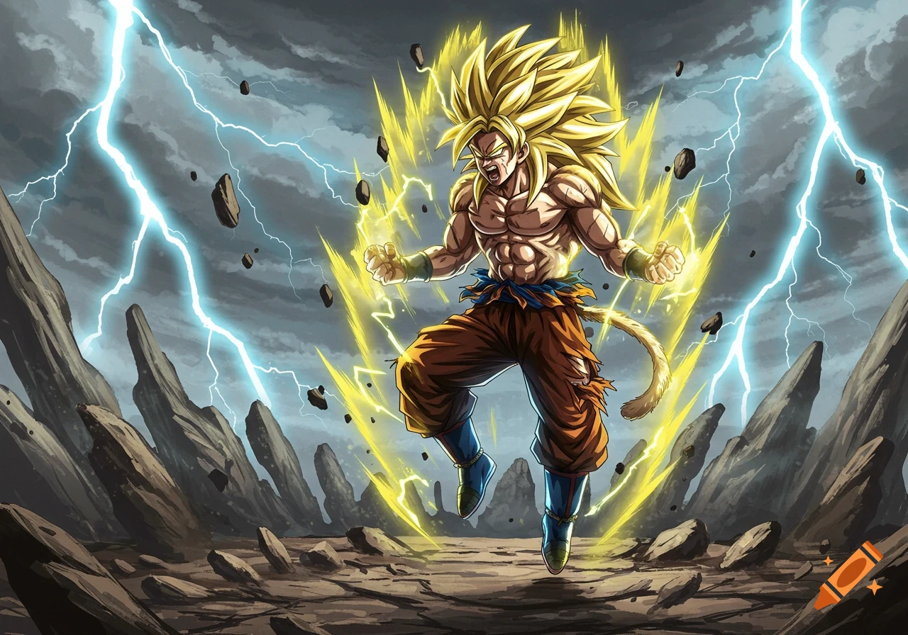 A powerful anime warrior, resembling Super Saiyan Goku, powers up amidst lightning and flying debris in a dramatic landscape.