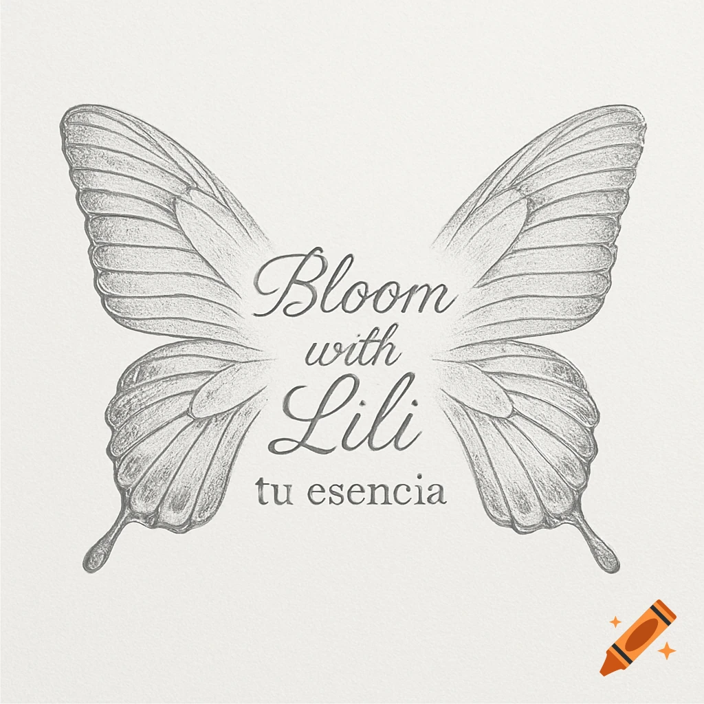 A grey line art drawing of butterfly wings with the text "Bloom with Lili tu esencia" in the center, on a light textured background.