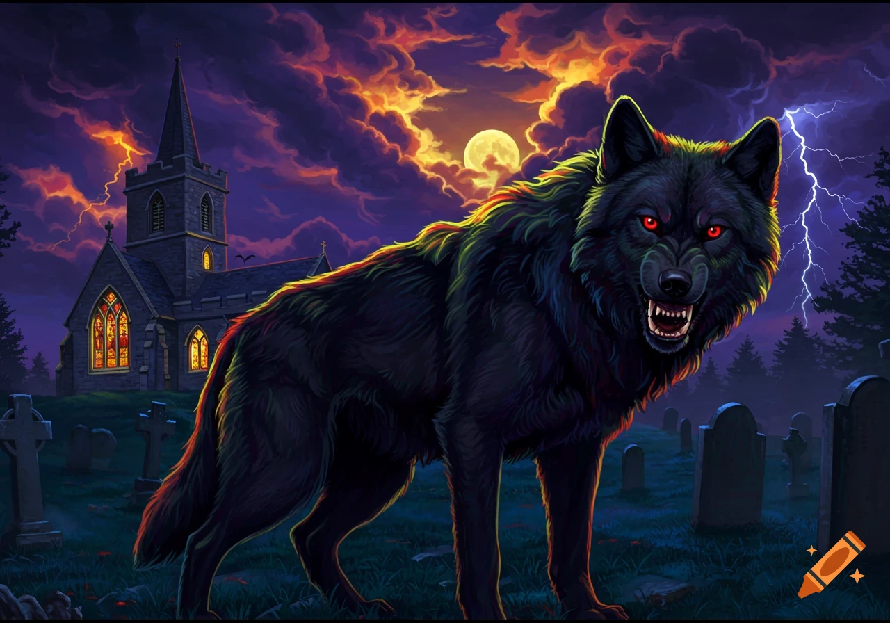 Angry black wolf with red eyes snarling in a graveyard, a gothic church, stormy sky, full moon, and lightning.