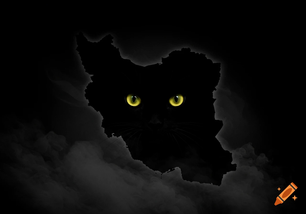 A black cat with bright yellow eyes, subtly shaped like the map of Iran, emerges from a dark, smoky background.