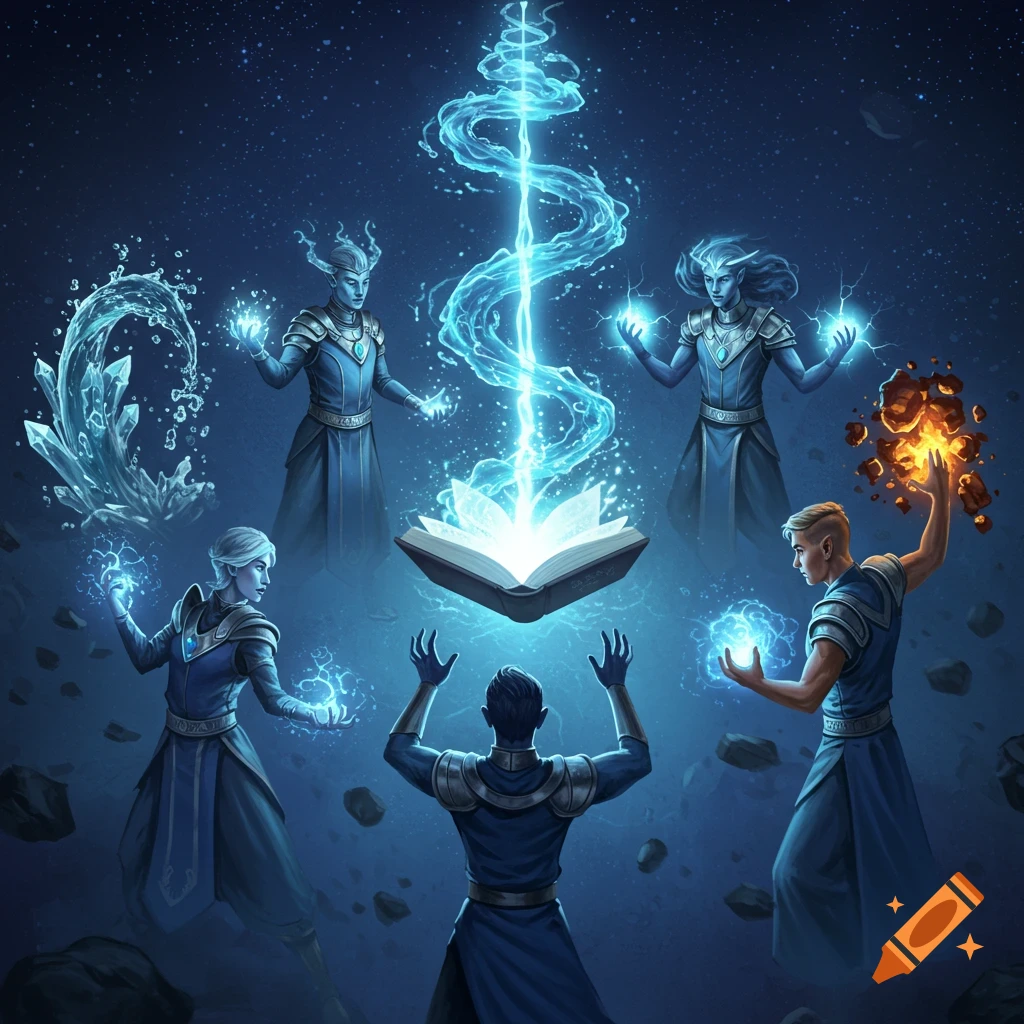 Six robed fantasy characters in a dark, starry environment perform elemental magic around a glowing book.