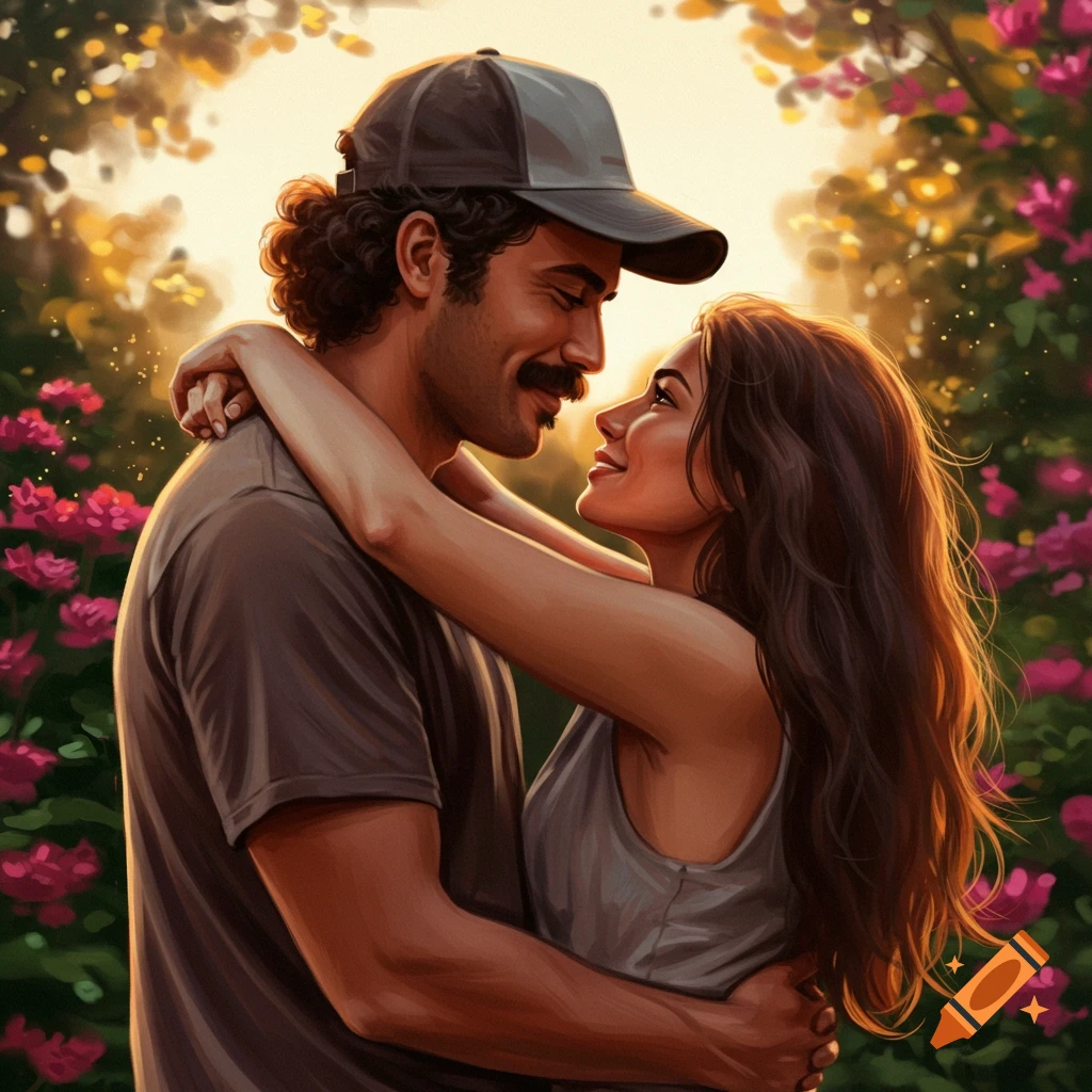 A man in a baseball cap and a woman embrace lovingly in a warm, painterly garden.