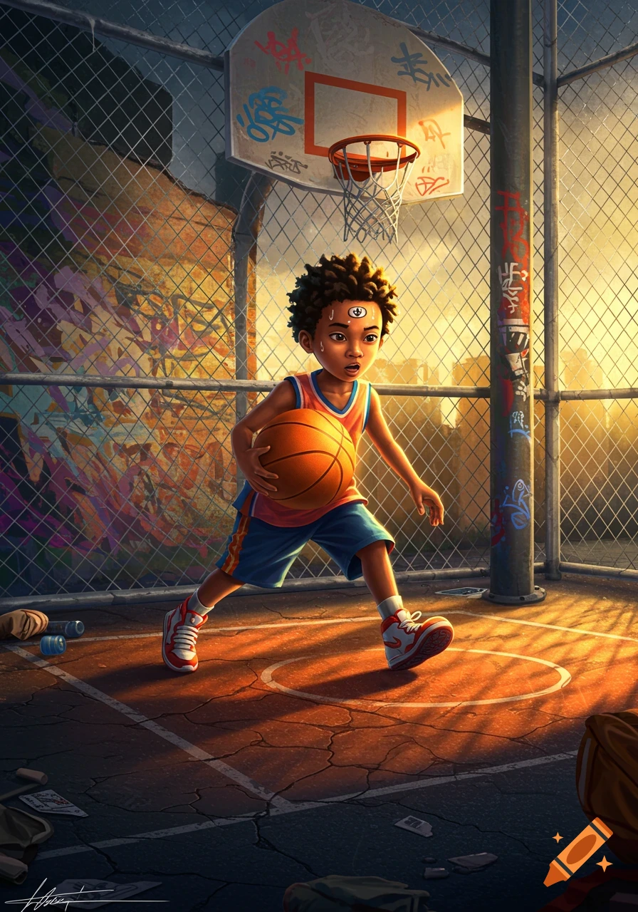 A young boy dribbles a basketball on an urban court at sunset, surrounded by fences and graffiti, in a stylized digital art style.