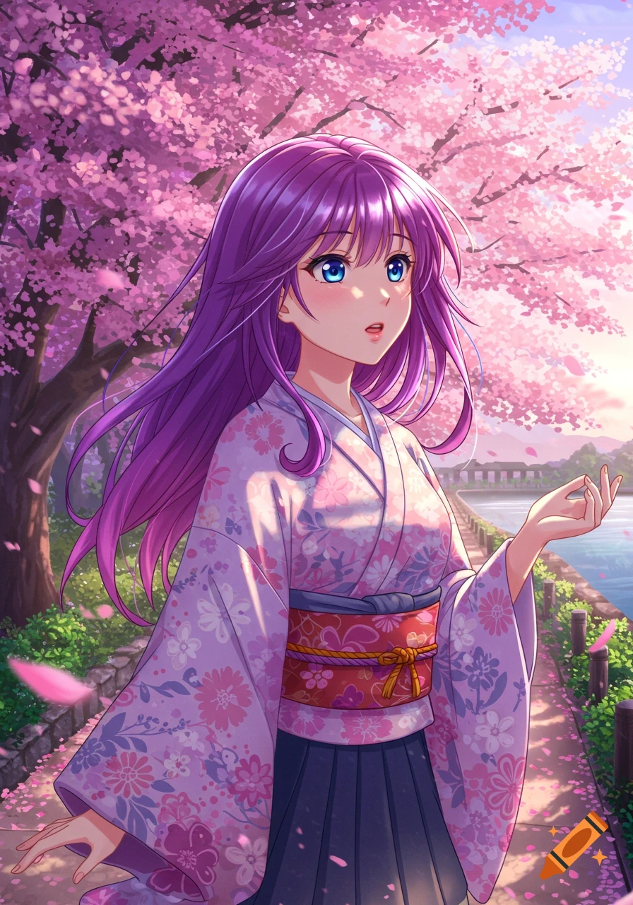 Anime girl with purple hair and blue eyes in a kimono, walking among pink cherry blossoms by a river.