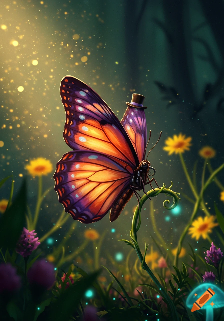 A vibrant, purple and orange butterfly wearing a small top hat perched on a glowing green vine in a magical forest with fireflies.