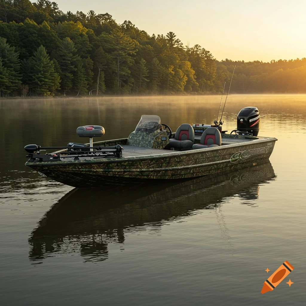 A camouflage bass boat floats on a misty lake at sunrise with a forest shoreline.