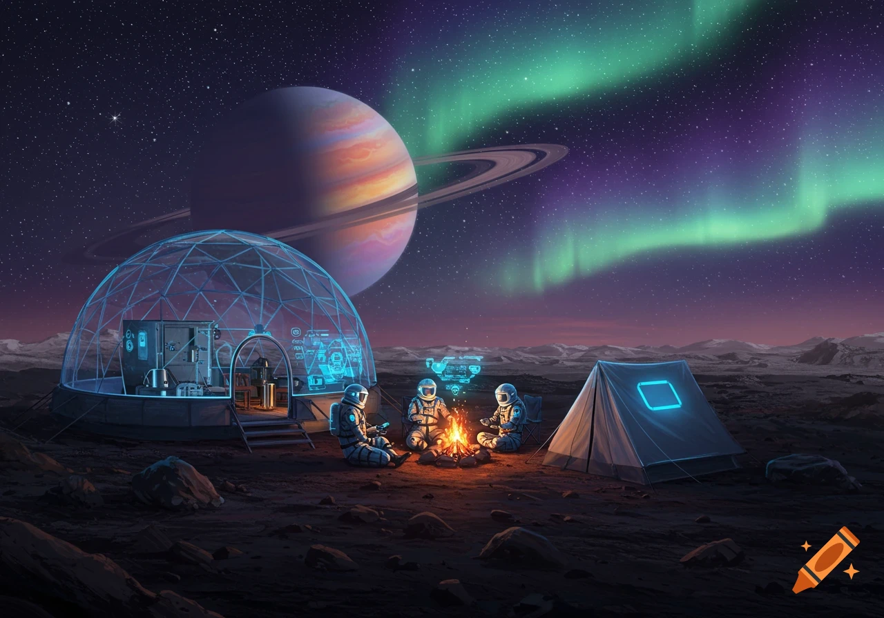 Three astronauts camp around a fire on a moon, with a futuristic dome and tent, a ringed planet, and a green aurora in the night sky.