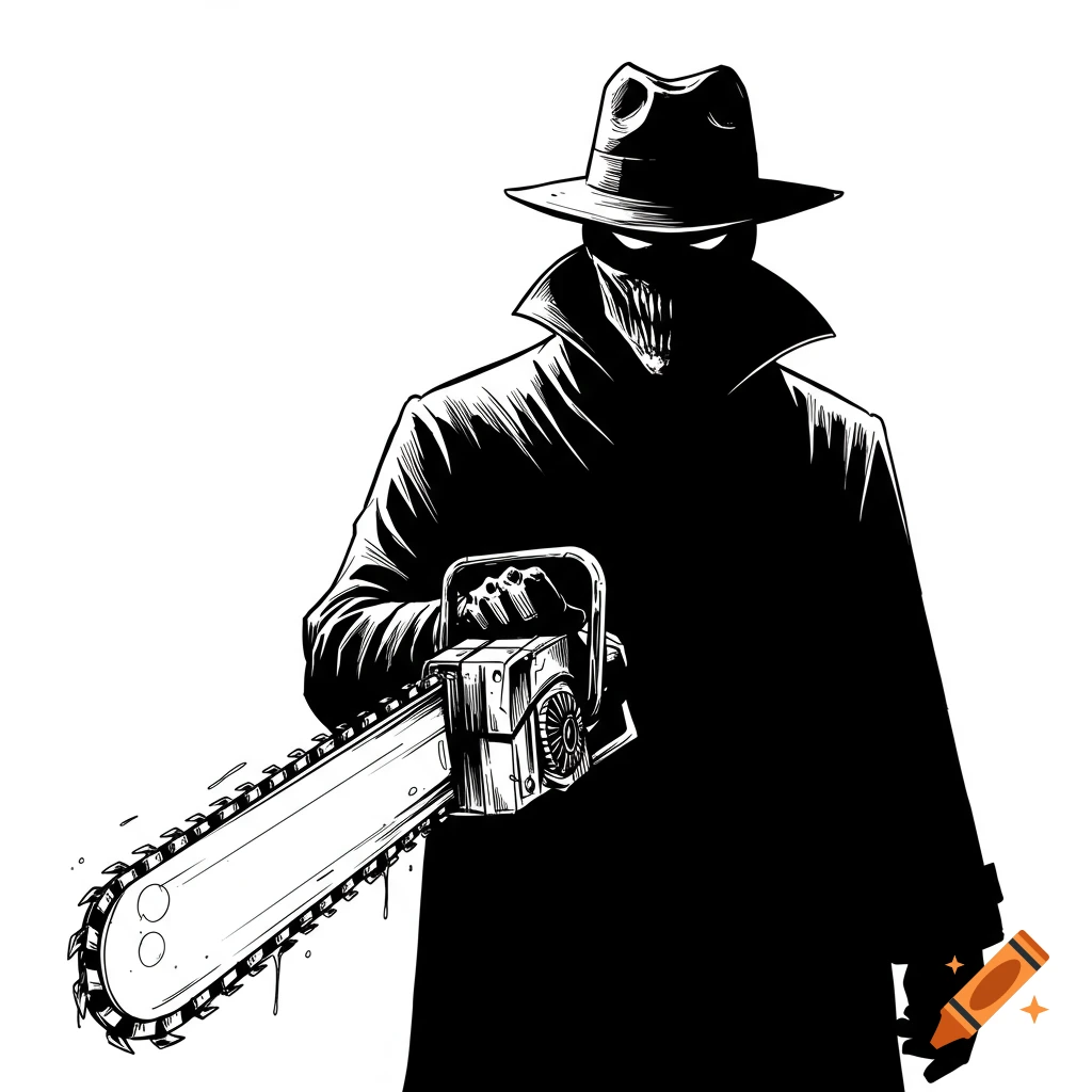 Black and white illustration of a shadowy man in a fedora and trench coat holding a chainsaw, in a horror comic art style.