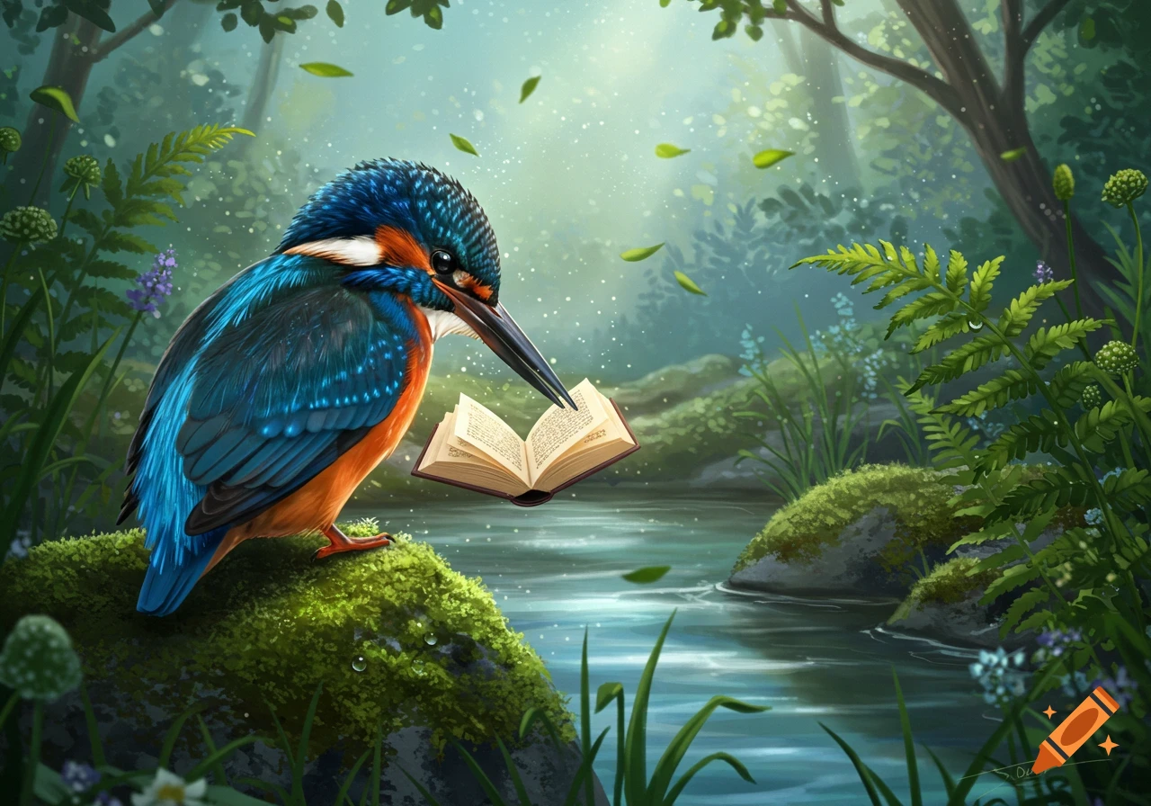 A vibrant kingfisher perches on a mossy rock by a river, appearing to read a floating open book in a magical forest scene.