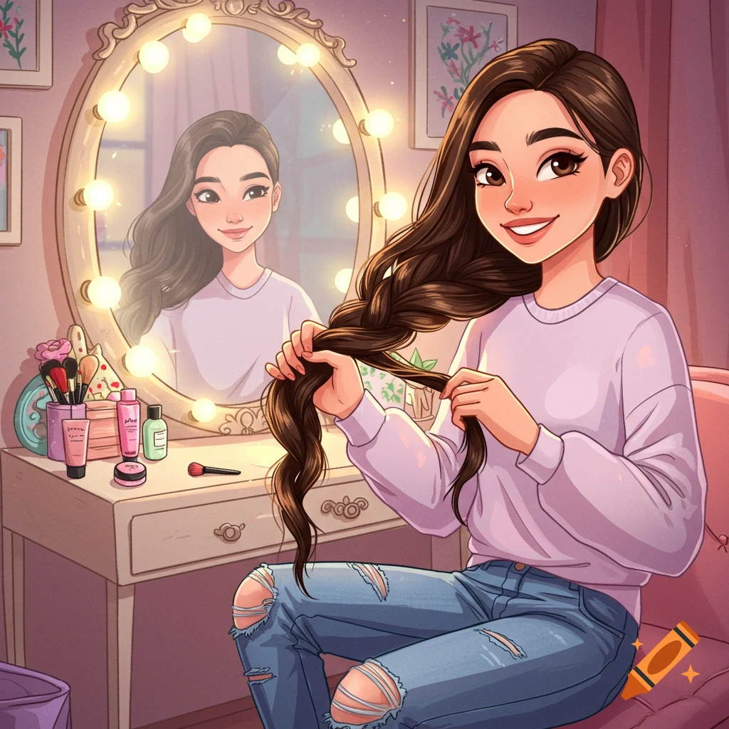 Cartoon illustration of a smiling girl with long brown hair braiding her hair in front of a mirror with lights, sitting at a vanity.
