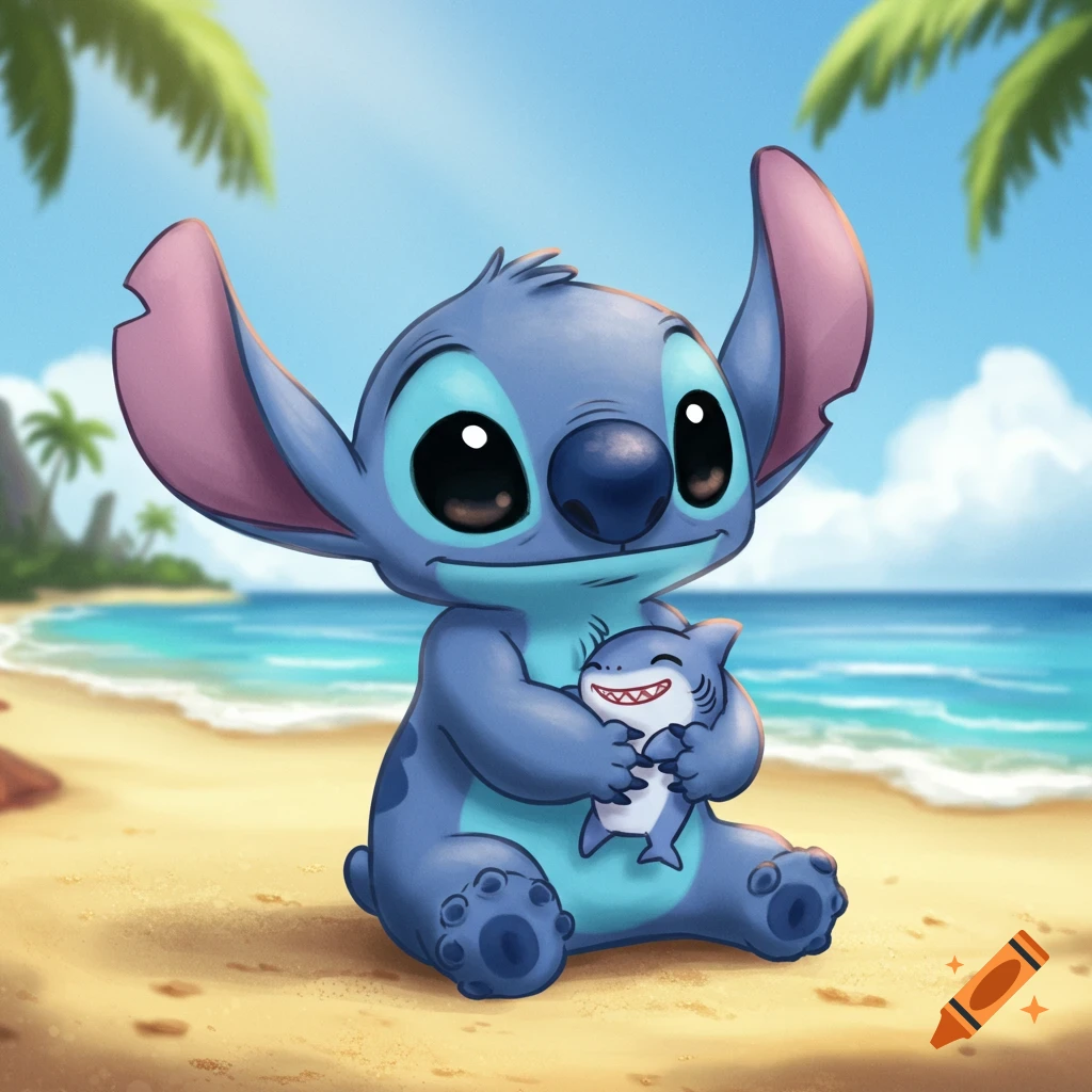 Chibi Stitch, a blue alien, sits on a sandy beach holding a small smiling shark against a backdrop of the ocean and palm trees.