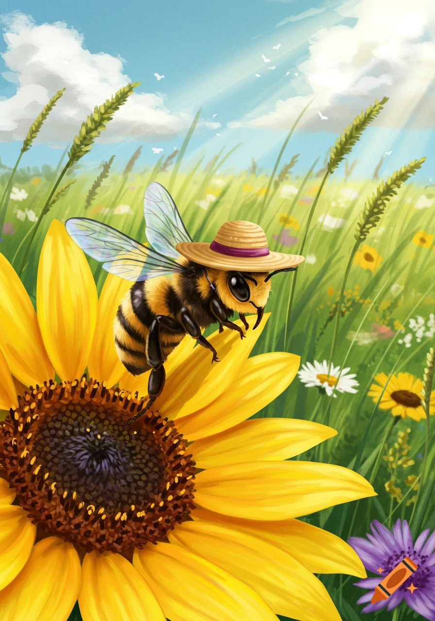 An illustrated honey bee wearing a straw hat stands on a large yellow sunflower in a vibrant field of flowers under a sunny sky.