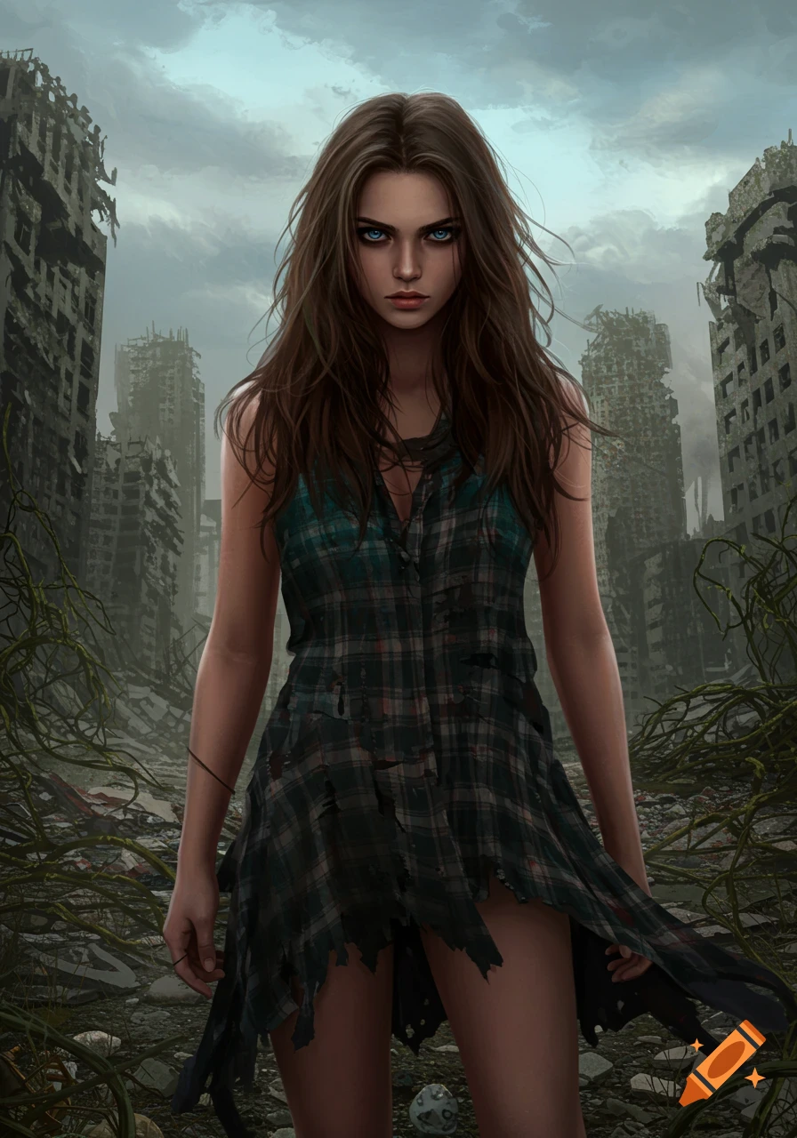 A digital illustration of a young woman with long brown hair and blue eyes, wearing a torn plaid dress, standing in a desolate, ruined city.