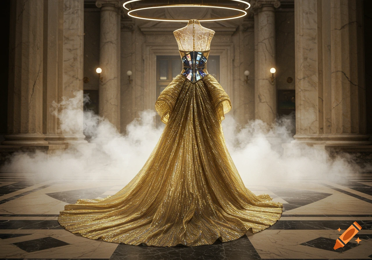 An ornate golden gown on a mannequin, with a colorful corset, stands in a grand hall with pillars and swirling smoke.