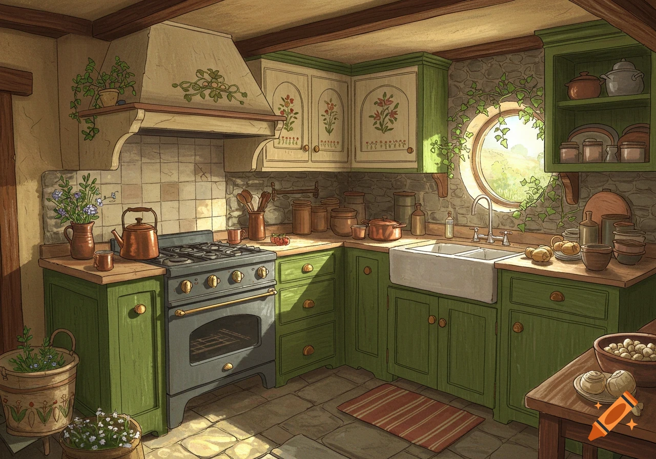 A cozy hobbit-core kitchen with green lower cabinets, cream upper cabinets with floral designs, a stone backsplash, and a large round window looking out onto a sunny landscape.