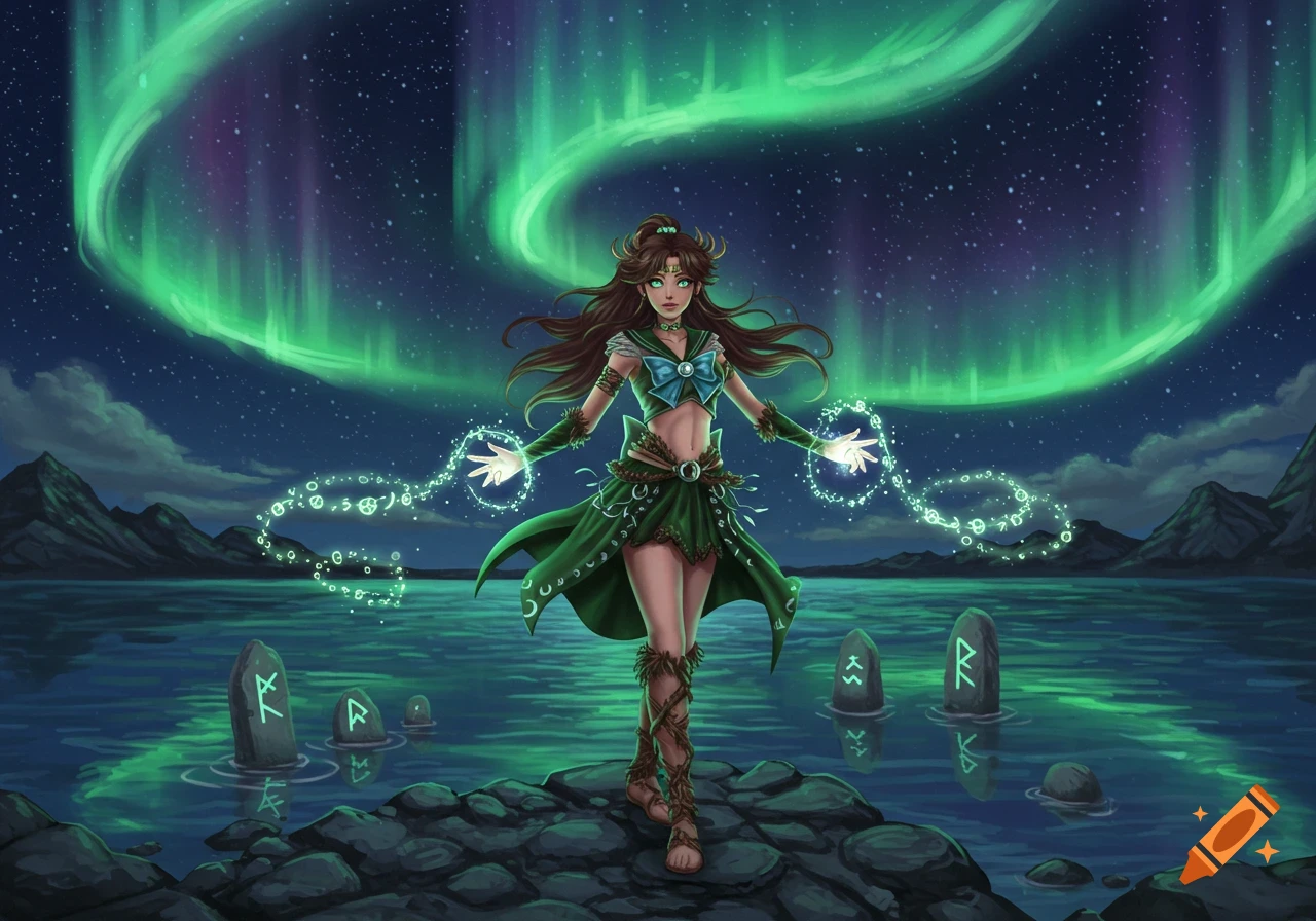 An anime-style woman in green, resembling Sailor Jupiter, stands on rocks by a lake, conjuring glowing magic as the aurora borealis lights the night sky above mountains and rune stones.
