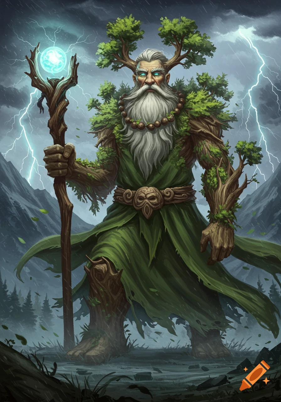 A venerable, bearded giant with tree limbs and foliage, clad in green robes, holds a magical glowing staff in stormy mountains.