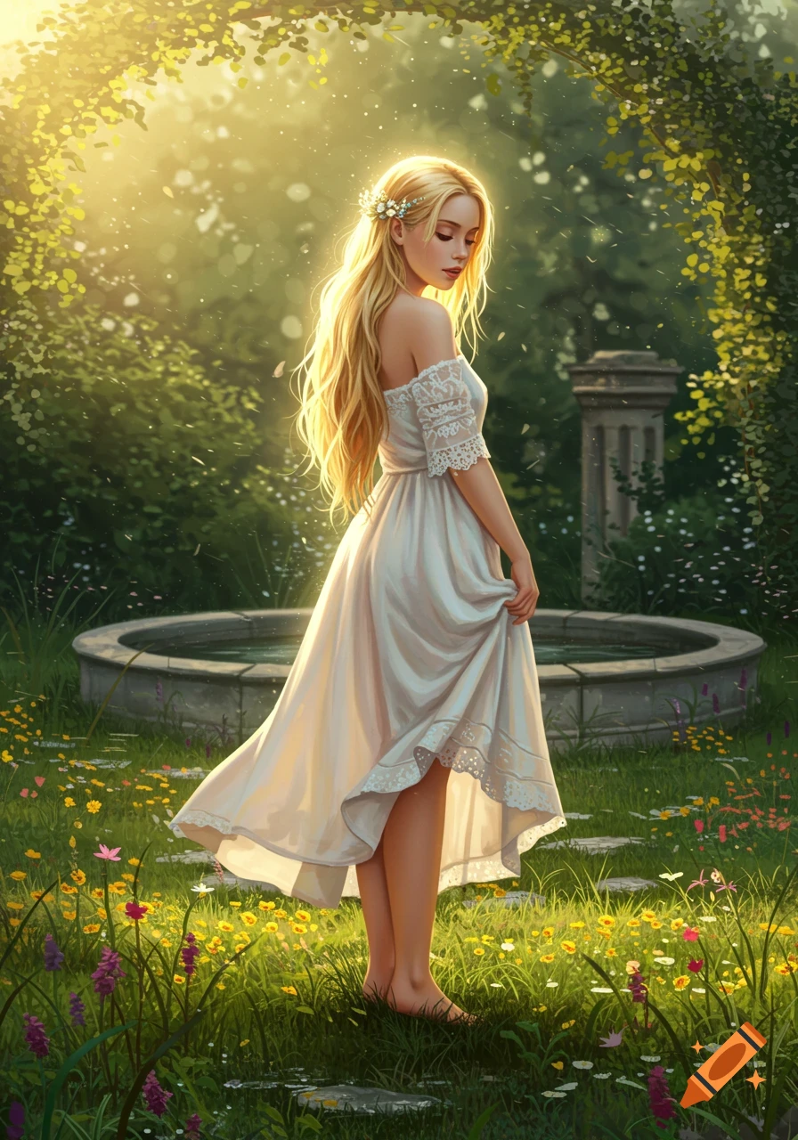 A blonde woman in a white dress stands barefoot in a sunlit garden with a fountain and wildflowers, looking down.