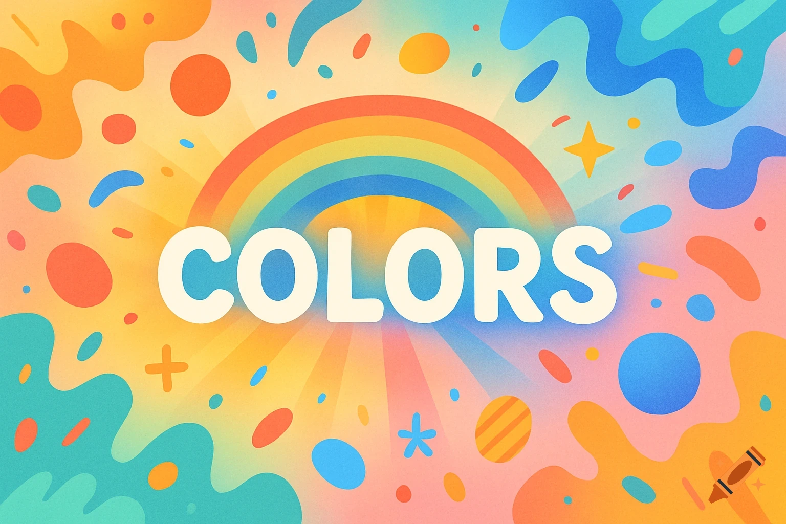 The word COLORS in white text on a vibrant abstract background with a rainbow and colorful shapes in an illustrated style.