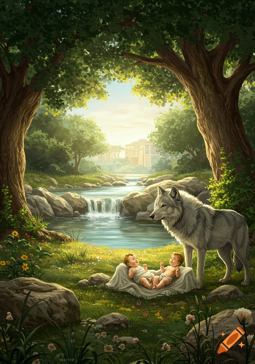 Illustrated scene of two babies and a wolf in a lush forest with a river and waterfall, ancient buildings in distance.