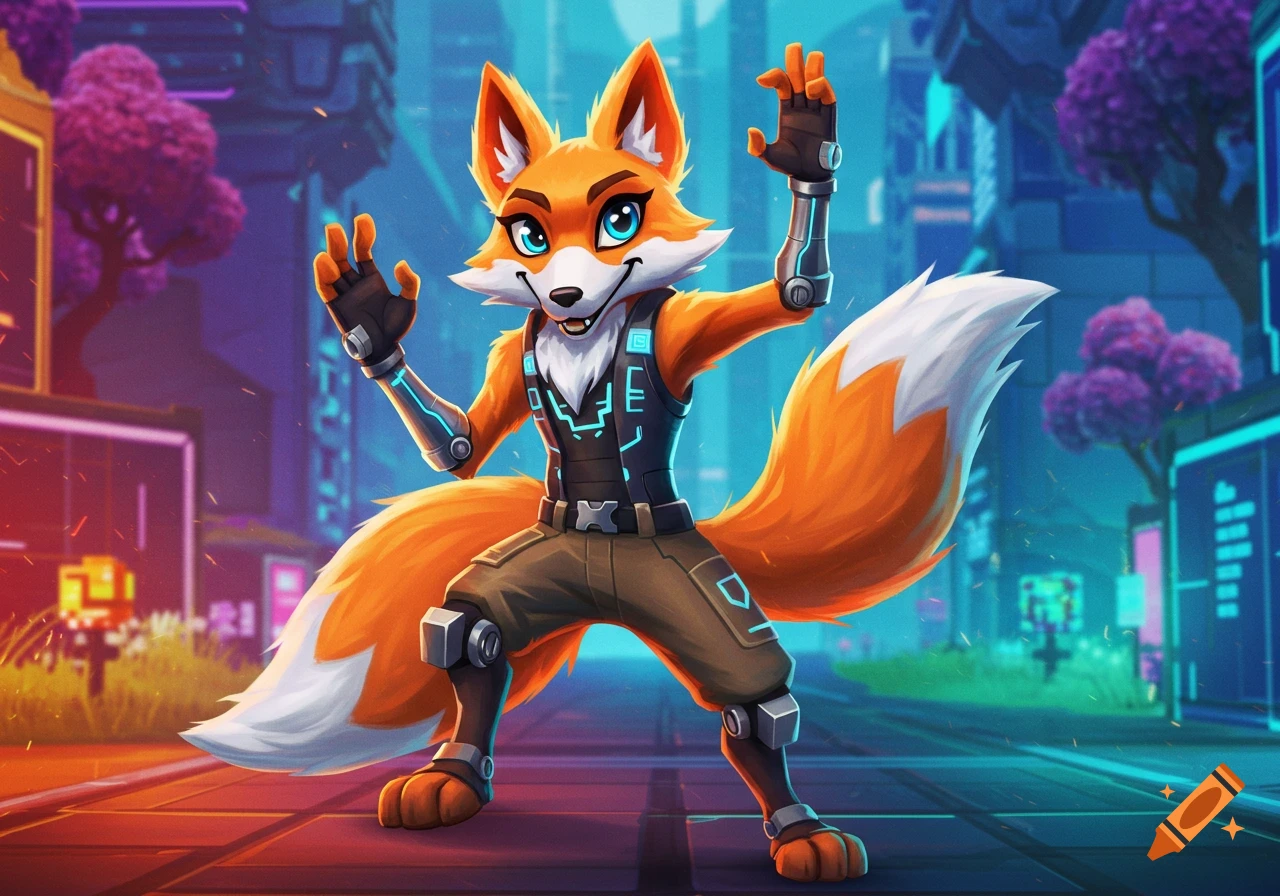 A vibrant, stylized anthropomorphic fox in a futuristic cyberpunk outfit stands on a city street.