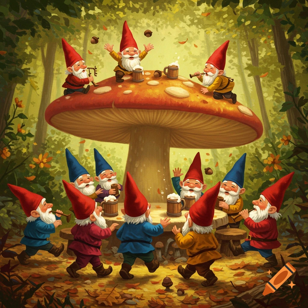 Whimsical illustration of numerous gnomes celebrating around a giant mushroom in an enchanted forest.