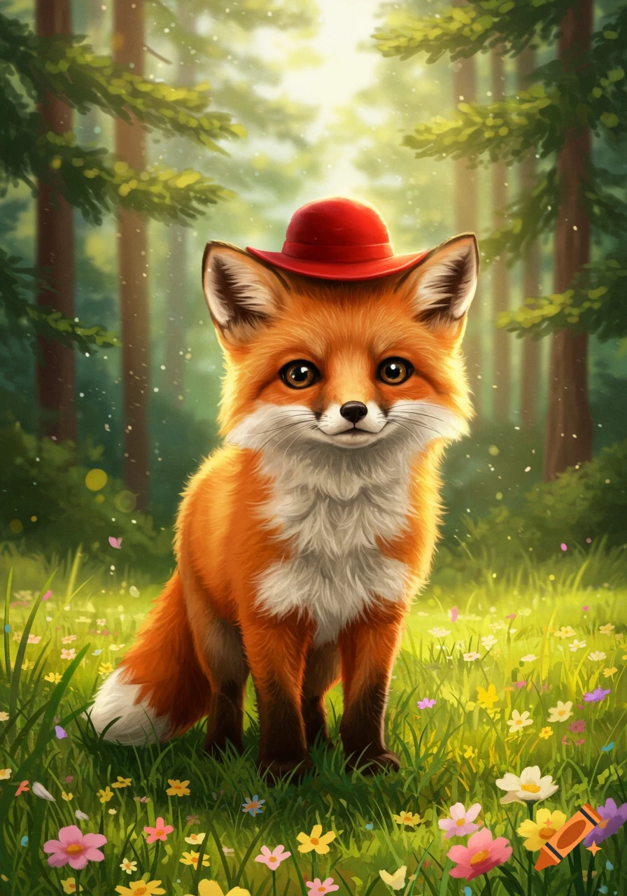 A cute orange fox wearing a red hat stands in a vibrant green forest clearing filled with colorful wildflowers, depicted in a digital art style.