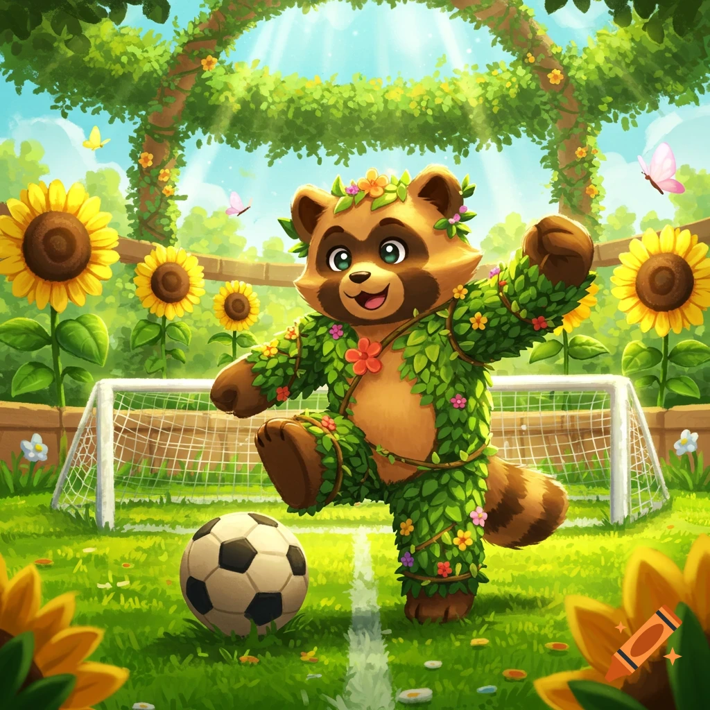 A cute cartoon tanuki character, adorned with leaves and colorful flowers, kicks a soccer ball in a sunny garden with sunflowers and a goal.