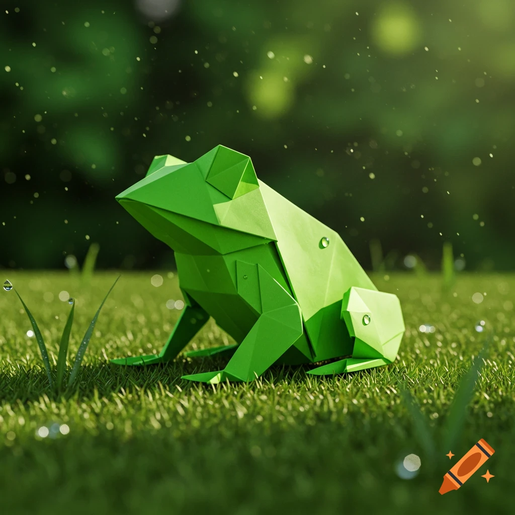 A green origami frog sits in lush green grass with water droplets.