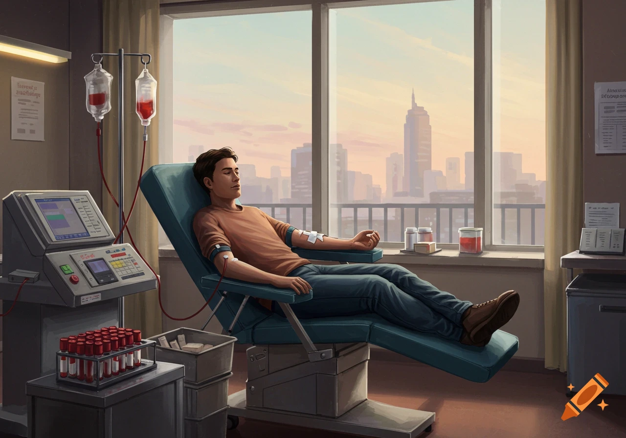 A man lies on a medical chair, donating blood in a room with large windows overlooking a city skyline at sunset. Medical equipment and blood bags are visible.