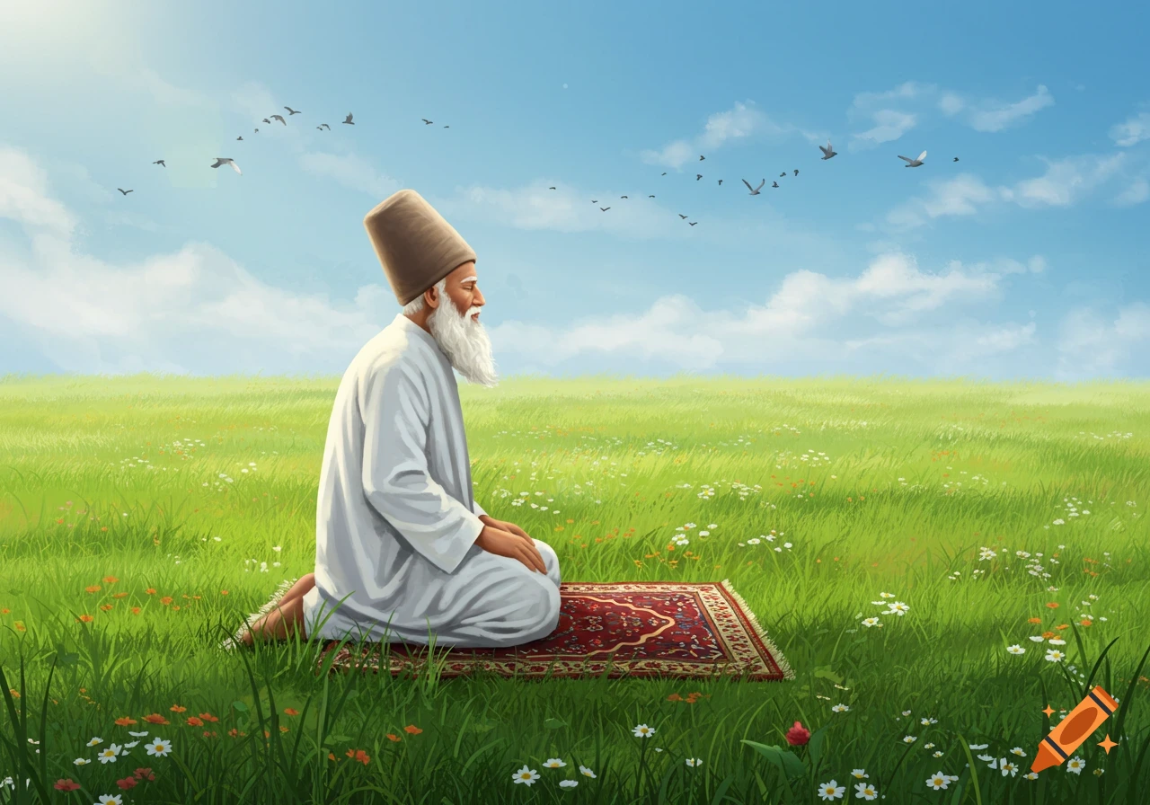 An illustrated image of a white-bearded Sufi sage kneeling on a prayer rug in a vibrant green field under a blue sky with birds.