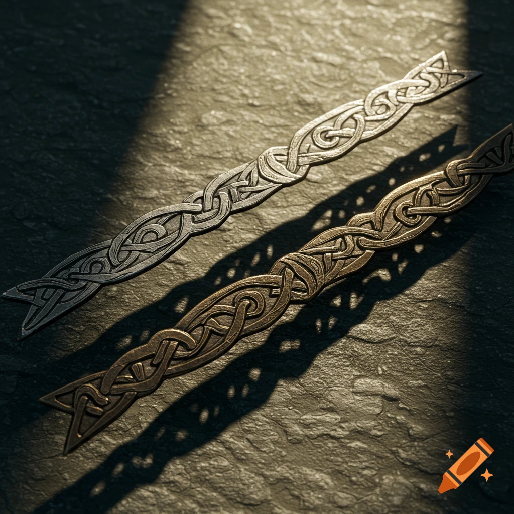 Two ornate metal pieces, one silver and one bronze, with intricate Celtic knot patterns, lie on a dark textured surface in sunlight.