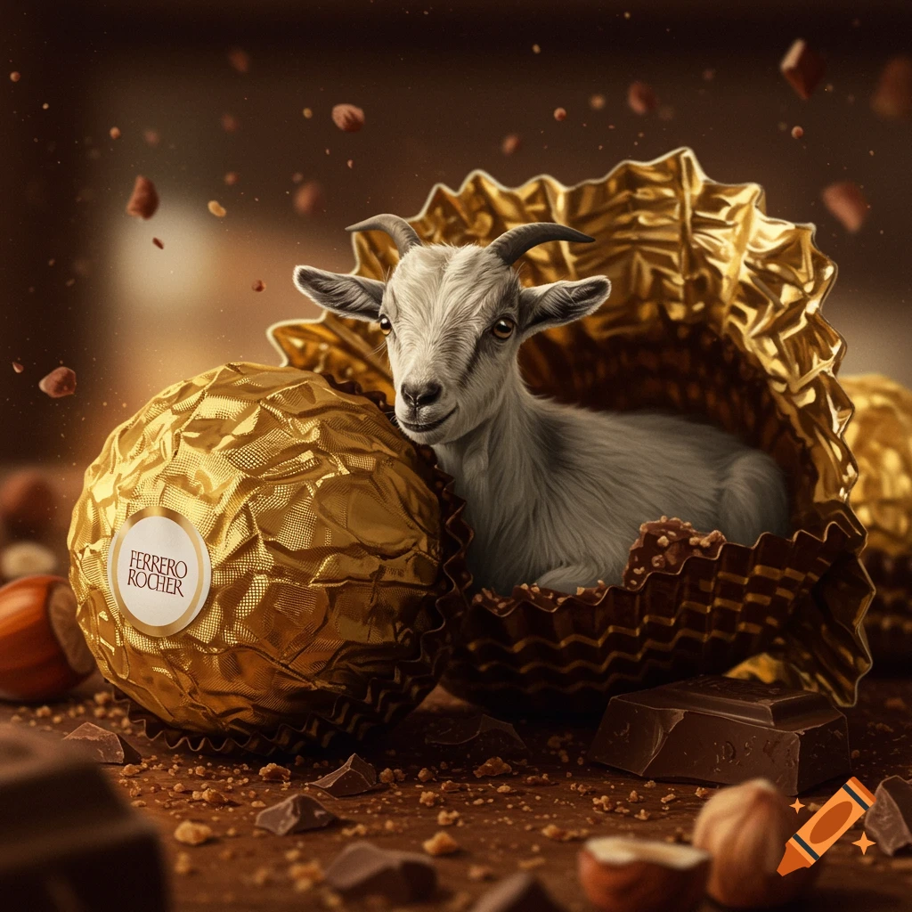 A small white goat peeking out of a golden Ferrero Rocher chocolate wrapper, surrounded by chocolate pieces and hazelnuts.