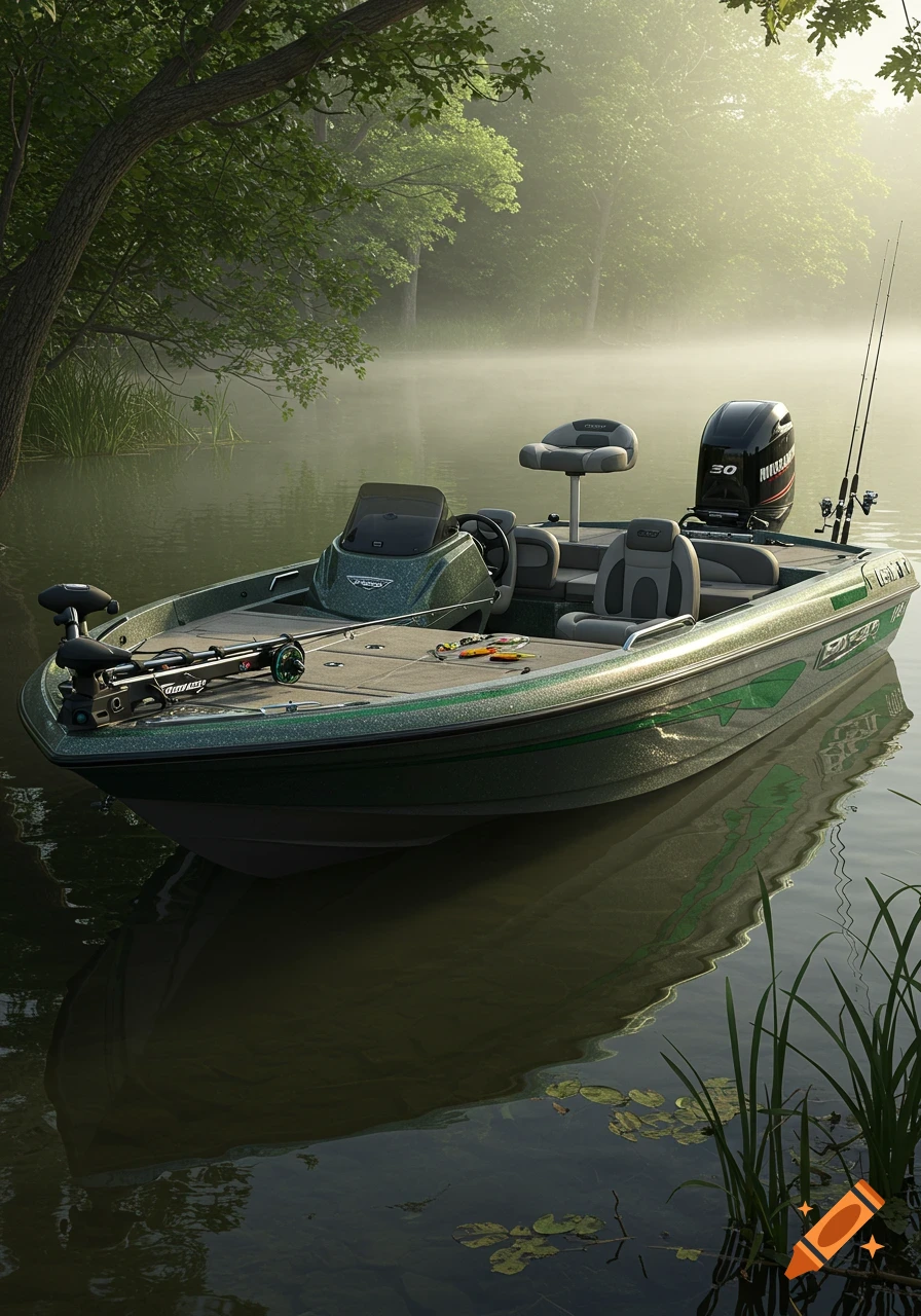 A green bass boat with fishing rods sits on a calm, misty lake, surrounded by trees and aquatic plants. A morning mist hangs over the water.