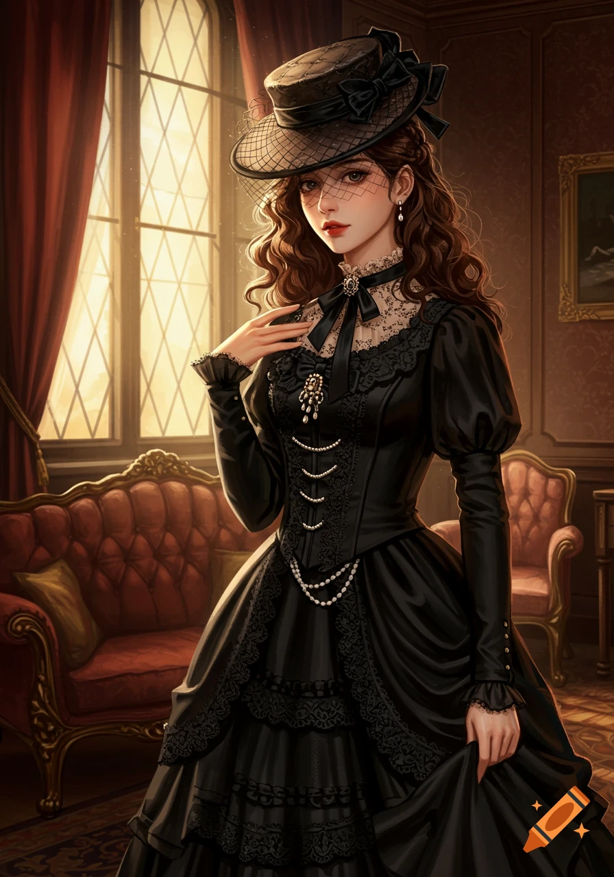 An illustrative portrait of a young woman with brown wavy hair in a black Victorian-era dress, standing in a lavish room.