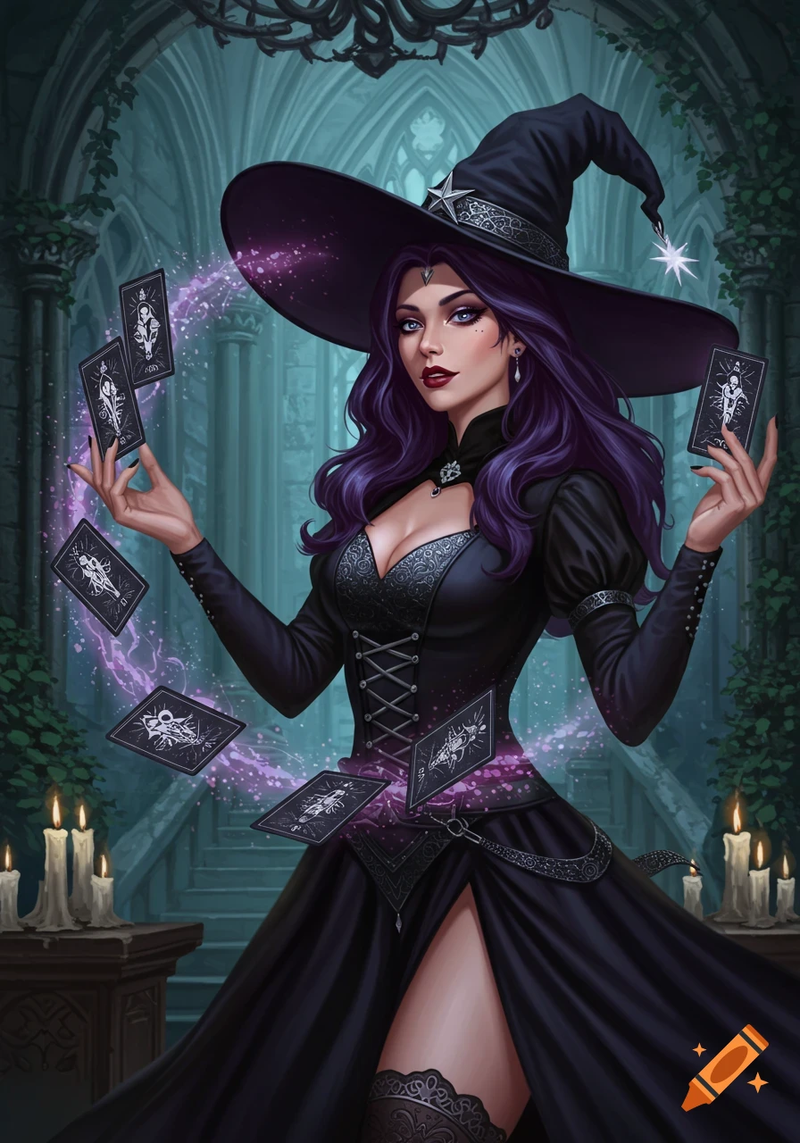 A gorgeous witch with purple hair and a black hat makes tarot cards float in an enchanted castle.